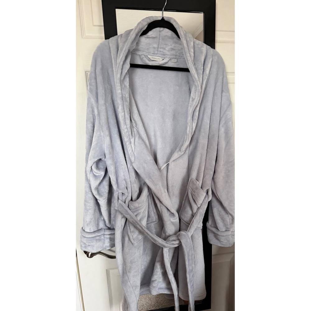 Thales Plush Hooded Robe Light Blue Fleece One Size Fits Most Bathrobe Belted